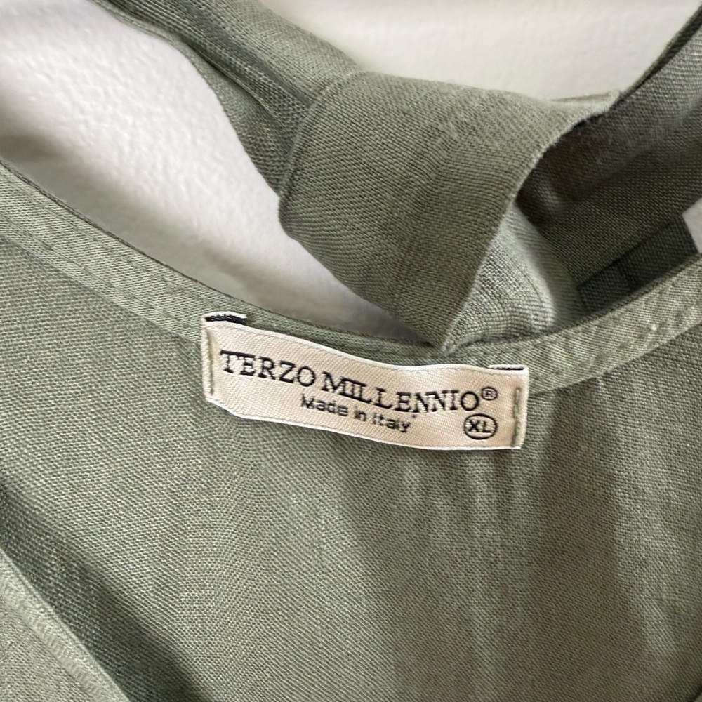 Terzo Millennio Linen Dress XL Green Made in Italy Sleeveless Tie Back Ruffle - Picture 6 of 9